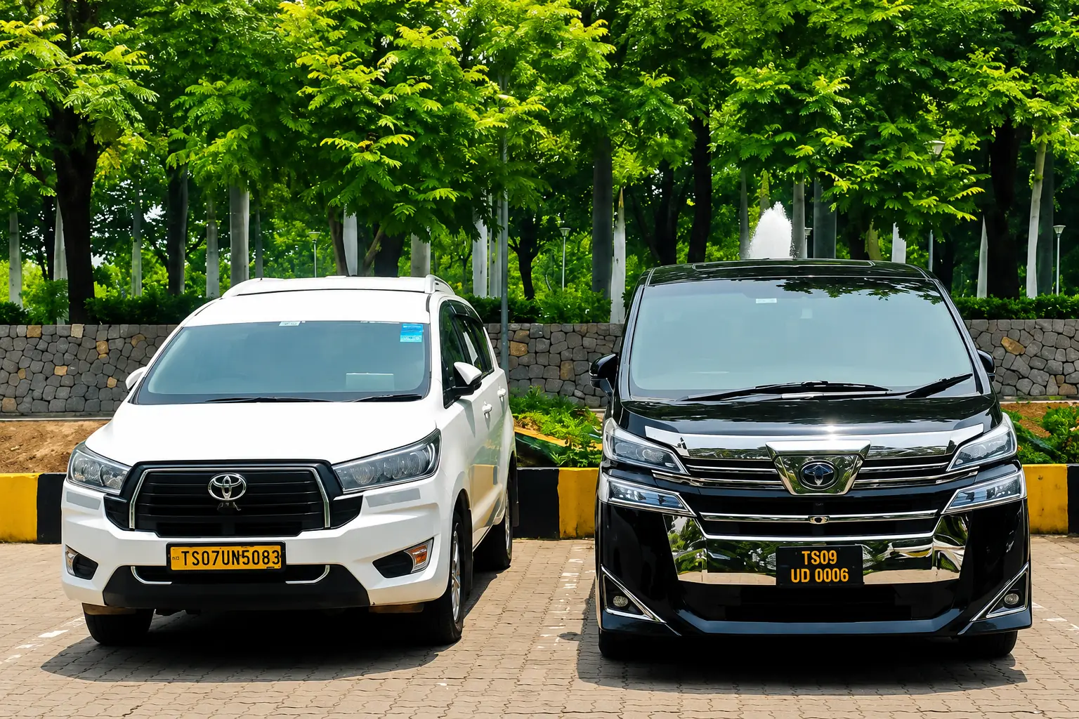 Premium GM Cabs fleet on an airport road in Hyderabad