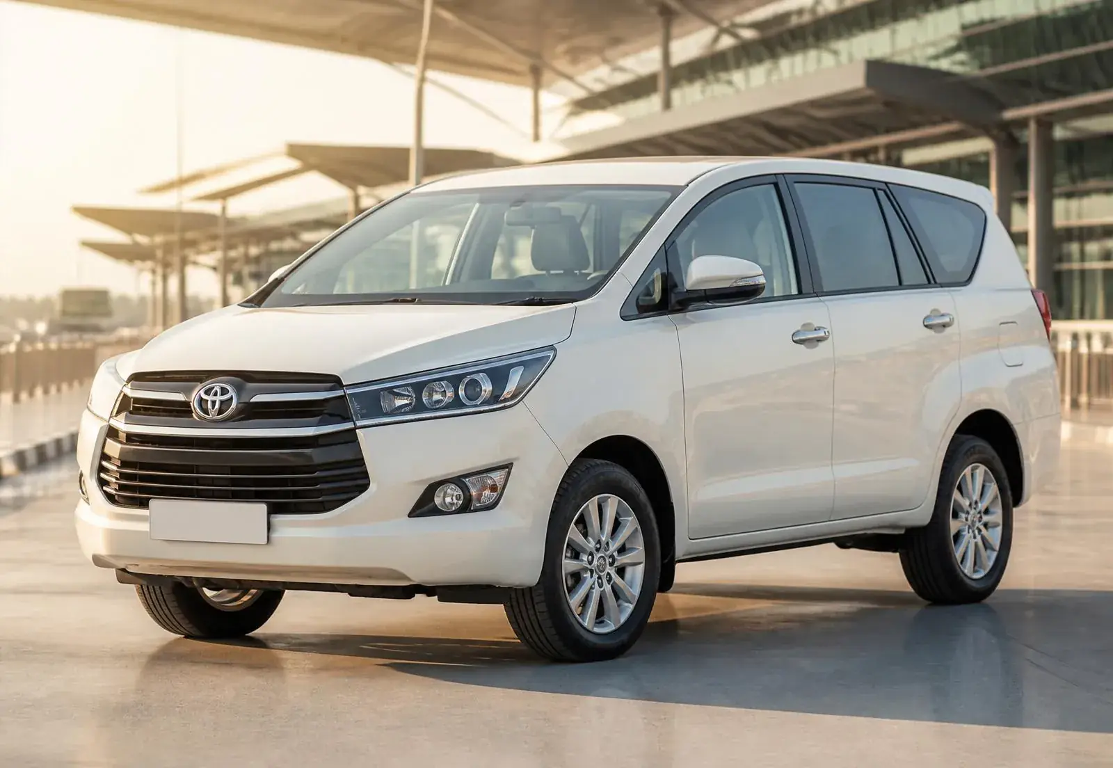 Premium white Toyota Innova airport taxi from GM Cabs Services at Rajiv Gandhi International Airport, Hyderabad — front three-quarter view